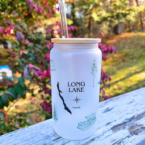 Custom Maine Lake Beer Glass with Lid and Straw, Any Lake!
